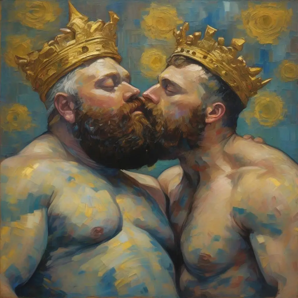 Zwei Männer mit Krone küssen sich