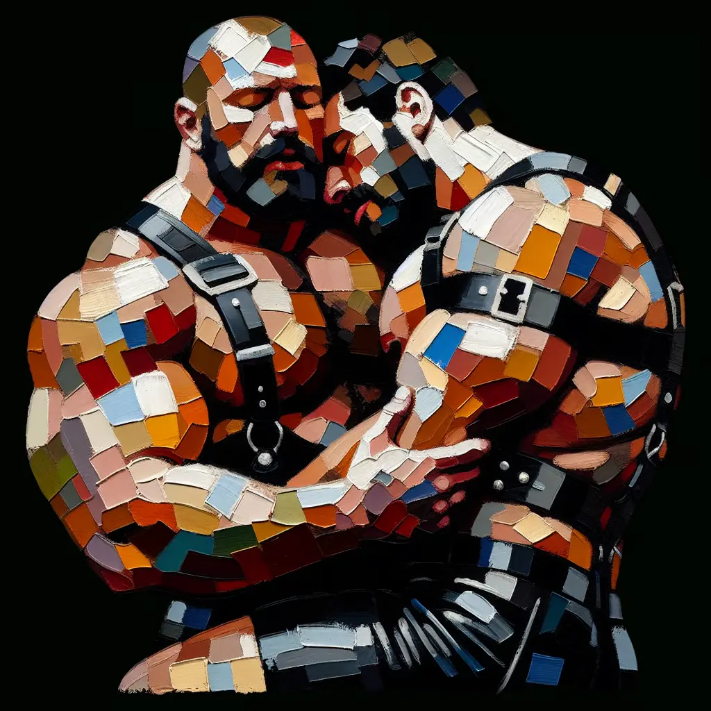 Zwei Männer in Leder-Outfits umarmen sich